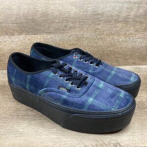 VANS Authentic Stacked Velvet Plaid Blue Black Platform Shoes Womens 9.5 NEW